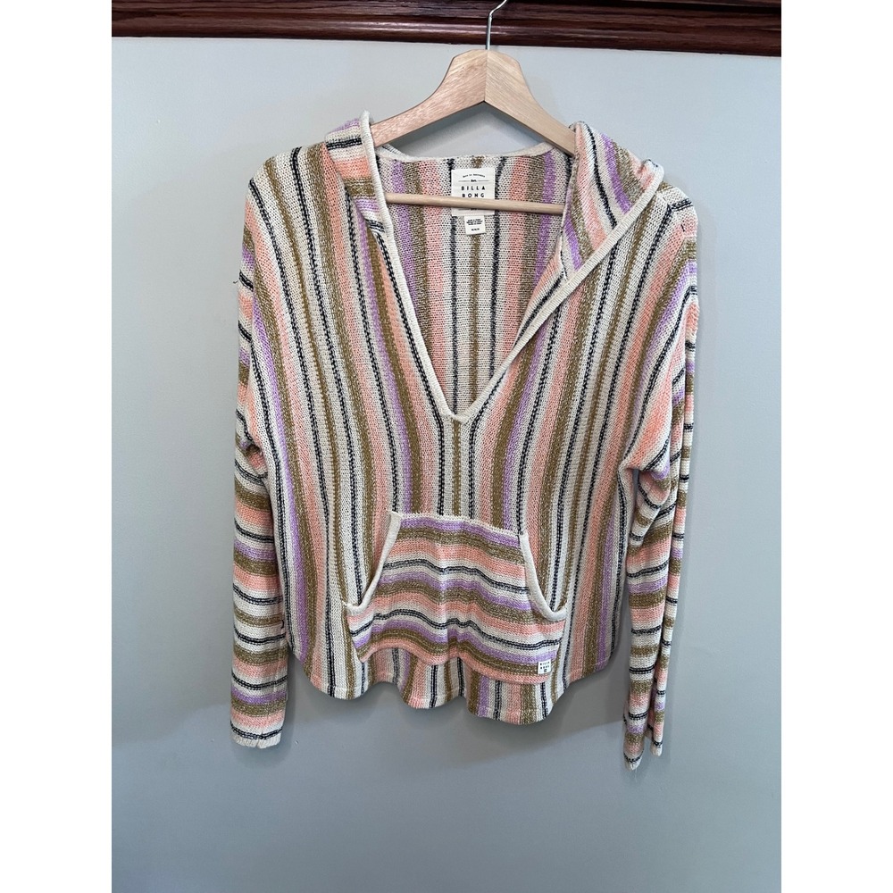 Billabong Womens‎ Baja Stripe Knit Hooded Sweater Pink Purple Tan Medium